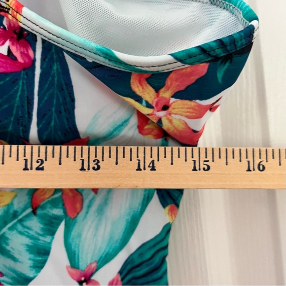 Tankini Halter Swim Tropical Floral Bathing Suit Top Teal Pink Yellow Size M - Picture 7 of 15